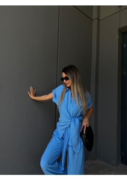 Egzotik Asortik Kadın Beli Baplamalı Kısa Kol Gömlek ve Pantolonlu Ince Ikili Takım fırsatları