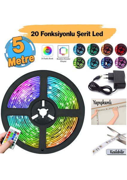 Uzaktan Kumandalı Şerit LED Lamba 5 Metre 20 Fonksiyonlu Işıldak Aydınlatma A Sınıfı 220 V Elektrik