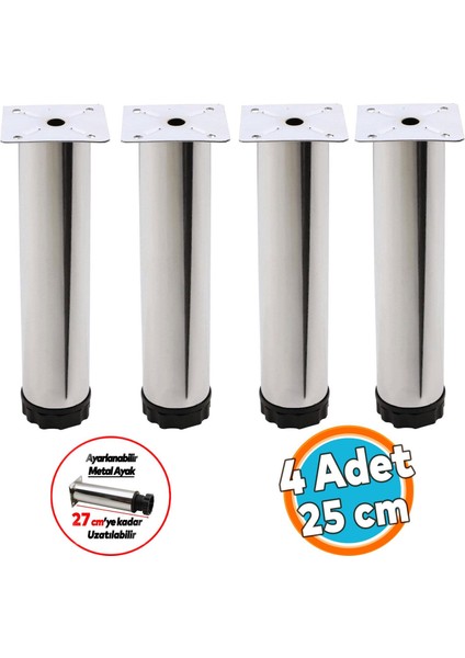 Mobilya Kanepe Baza Koltuk Metal Yükseltici Destek Ayağı Ayarlanabilir Krom Ayak 25 cm 4 Adet