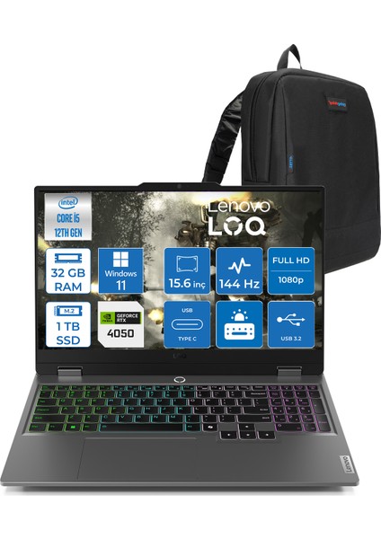 Loq 15IAX9 Intel Core I5 12600HX 32GB Ddr5 1tb SSD 6GB/RTX4050 105W IPS 300NITS 144Hz WIN11PRO 15.6" Fhd Taşınabilir Bilgisayar W83GS00PETRW10+ZETTAÇANTA