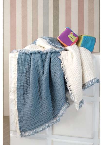 5 Katlı Pamuk Müslin Bebek Battaniyesi - Mavi