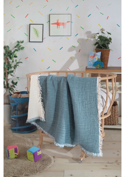 5 Katlı Pamuk Müslin Bebek Battaniyesi - Mavi modelleri