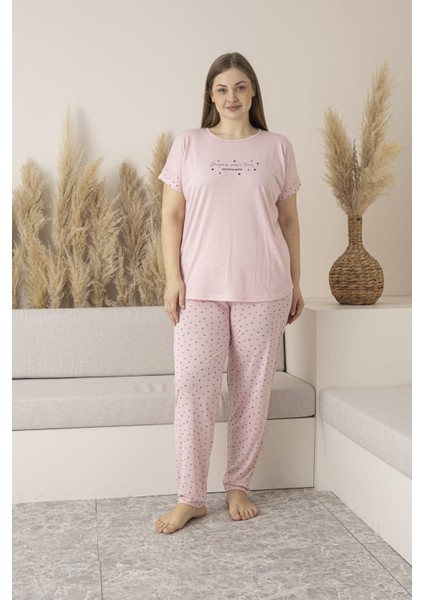 Kadın Kareli Viskon Kısa Kol Pijama Kapri Takımı-Battal-Somon