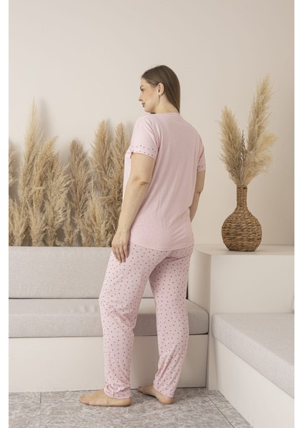 Kadın Kareli Viskon Kısa Kol Pijama Kapri Takımı-Battal-Somon fiyatları