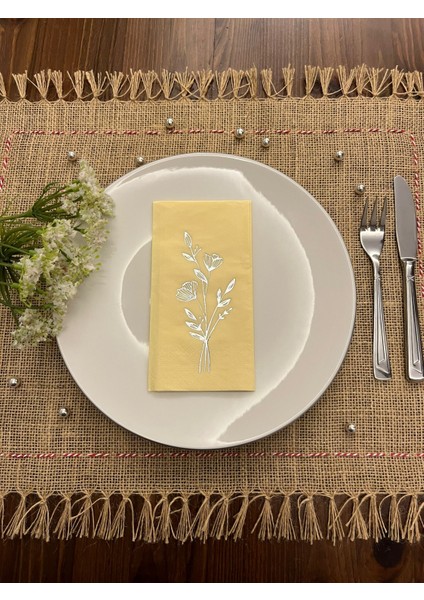 Gümüş Yaldızlı Sarı Gelincik Çiçeği Baskılı Garson Katlama Peçete 16 Adet