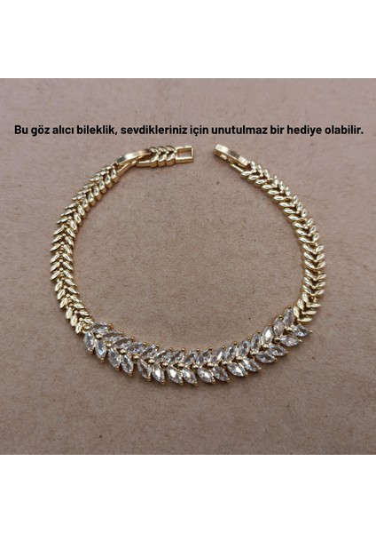 Göz Alıcı Yaprak Tasarımlı Zirkon Taşlı Altın Rengi Bileklik indirimleri