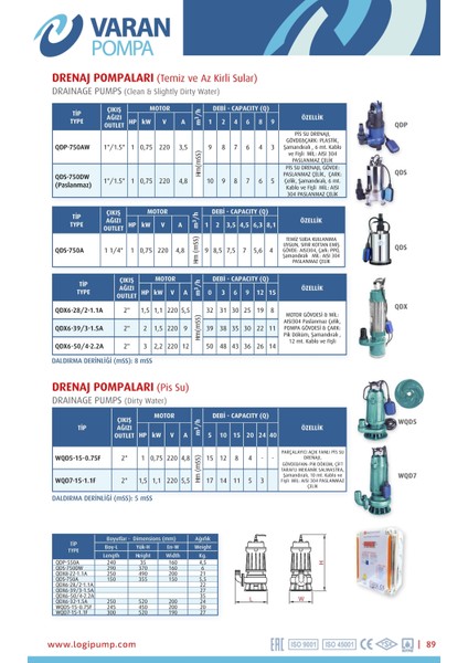 Varan QDX 6-39/3-1.5A Temiz Su Yüksek İrtifa Dalgıç Pompa 2 HP / 1.5 kW, Monofaze 220 V, 39 Mss, 15 m3/h