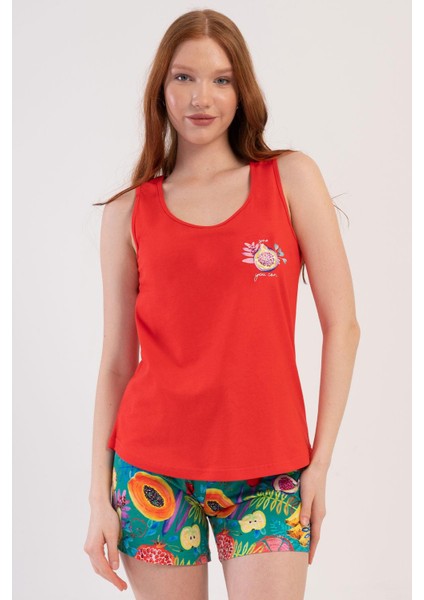 Kadın Geniş Askı Nar Çiçeği Şortlu Pijama Takım C8T3N2O904
