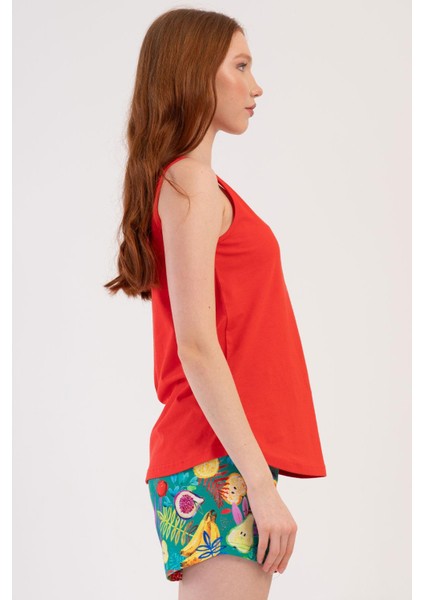 Kadın Geniş Askı Nar Çiçeği Şortlu Pijama Takım C8T3N2O904