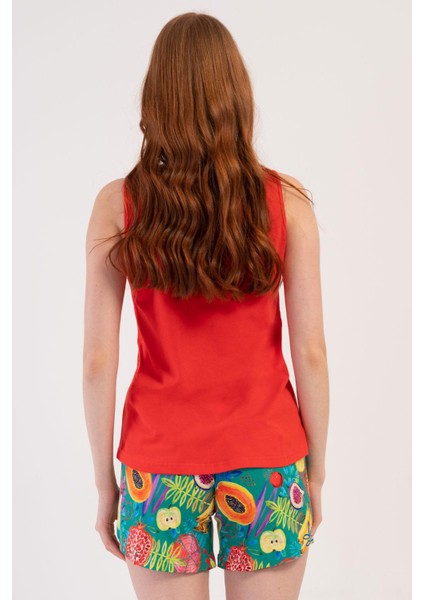Kadın Geniş Askı Nar Çiçeği Şortlu Pijama Takım C8T3N2O904
