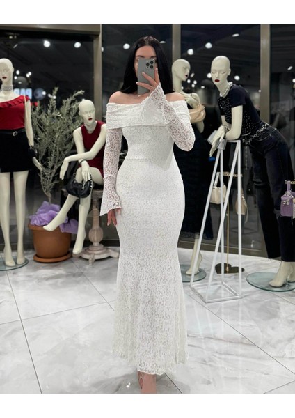 Villana Madonna Yaka Uzun Kol Midi Boy Dantel Elbise Beyaz