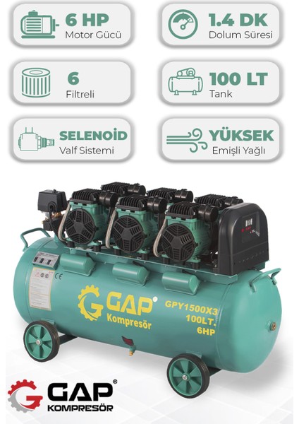 Hava Kompresörü Yüksek Emişli Yağsız Teknoloji 100LT GPY1500X3