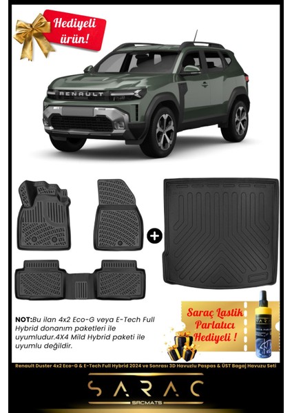 Renault Duster 4x2 Eco-G&e-Tech Full Hybrid 2024 ve Sonrası Havuz Paspas&üst Bagaj Set+(Hediyeli!)