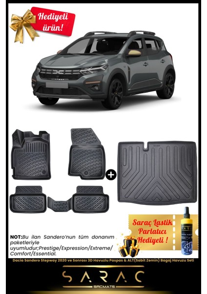 Dacia Sandero Stepway 2020 ve Sonrası 3D Havuzlu Paspas & Alt(Sabit Zemin) Bagaj Havuzu Set+Hediyeli