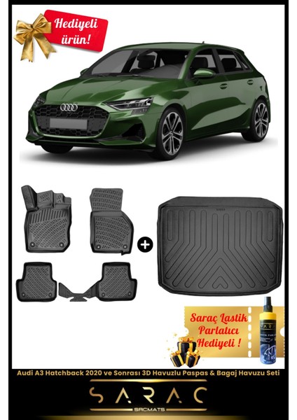 Audi A3 Hatchback 2020 ve Sonrası Araca Özel 3D Havuzlu Paspas & Bagaj Havuzu Seti+(Hediyeli!)
