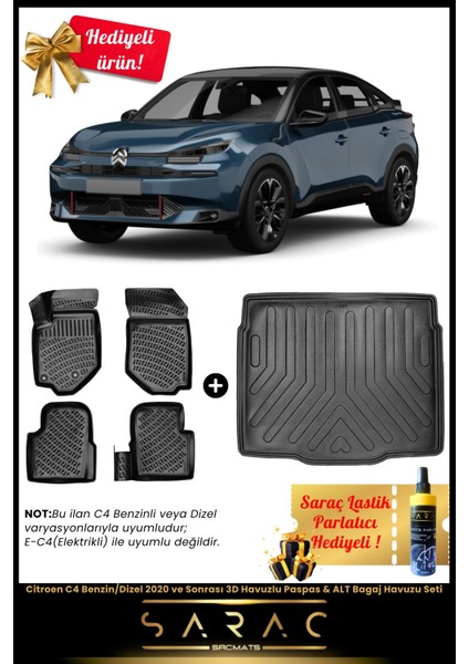 Citroen C4 Benzin/dizel 2020 ve Sonrası Araca Özel 3D Havuz Paspas & Alt Bagaj Havuzu Seti+Hediyeli!