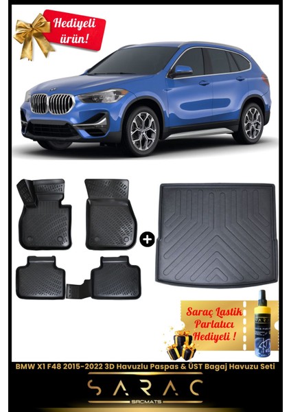 Bmw X1 F48 2015-2022 Araca Özel 3D Havuzlu Paspas & Üst Bagaj Havuzu Seti+(Hediyeli!)