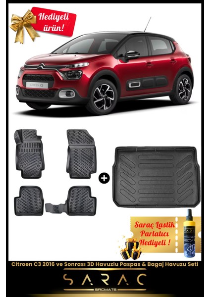 Citroen C3 2016 ve Sonrası Araca Özel 3D Havuzlu Paspas & Bagaj Havuzu Seti+(Hediyeli!)