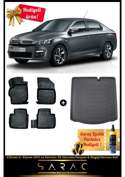 Citroen C-Elysee 2012 ve Sonrası Araca Özel 3D Havuzlu Paspas & Bagaj Havuzu Seti+(Hediyeli!)