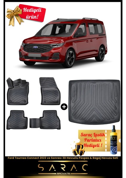 Ford Tourneo Connect 2023 ve Sonrası Araca Özel 3D Havuzlu Paspas & Bagaj Havuzu Seti+(Hediyeli!)