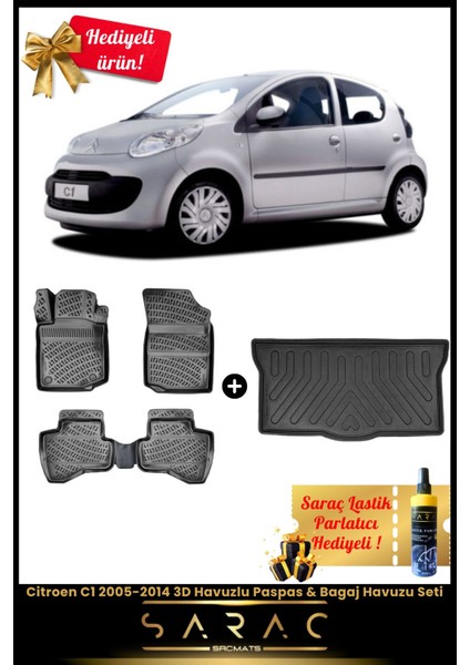 Citroen C1 2005-2014 Araca Özel 3D Havuzlu Paspas & Bagaj Havuzu Seti+(Hediyeli!)
