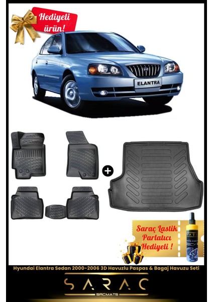 Hyundai Elantra Sedan 2000-2006 Araca Özel 3D Havuzlu Paspas & Bagaj Havuzu Seti+(Hediyeli!)