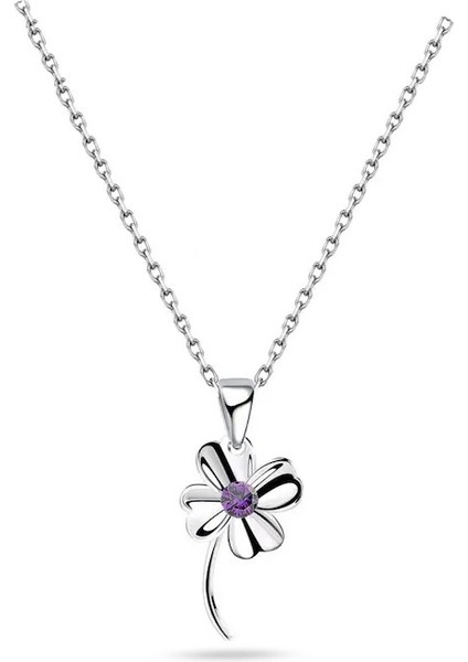 Gümüş Dört Yapraklı Mor Taşlı Yonca Kadın Gümüş Kolye
