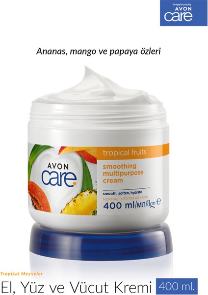Care Tropical Fruits Ananas, Mango ve Papaya Özlü El ve Vücut Kremi 400 Ml. Üçlü Set