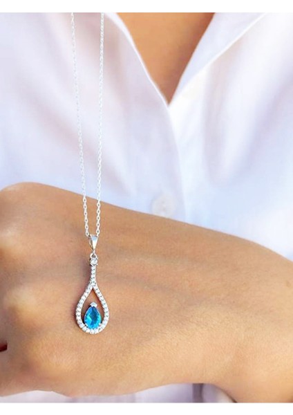 Pırlanta Model Aquamarin Taşlı Damla Kadın Gümüş Kolye
