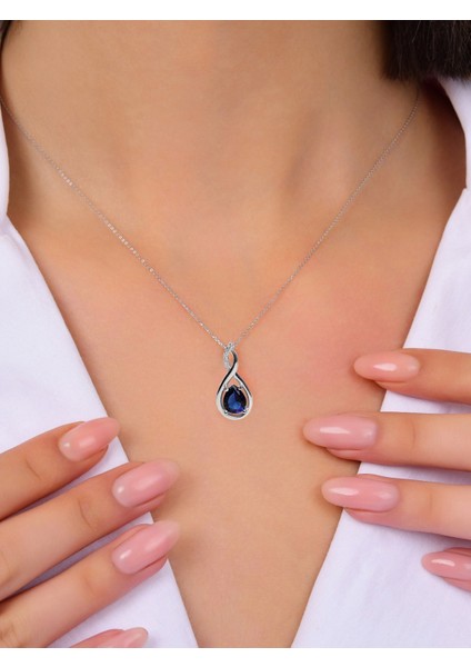 Gümüş Su Damlası Pırlanta Model Safir Zirkon Taşlı Gümüş Kolye
