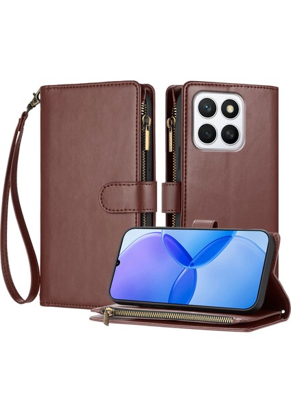 Honor X8C ile Uyumlu Rfıd Engelleme Kredi Kartı Tutucu Deri Fermuarlı Kapaklı Cüzdan Bilek Kayışı Destekli Koruyucu Kılıf (Yurt Dışından)