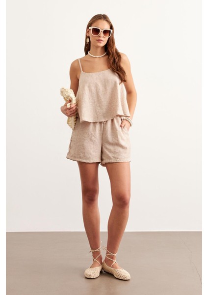 Askılı Keten Crop Bluz Taş