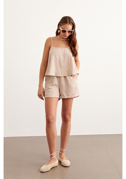 Askılı Keten Crop Bluz Taş modelleri