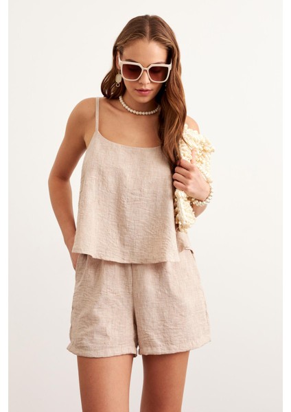 Askılı Keten Crop Bluz Taş fırsatları