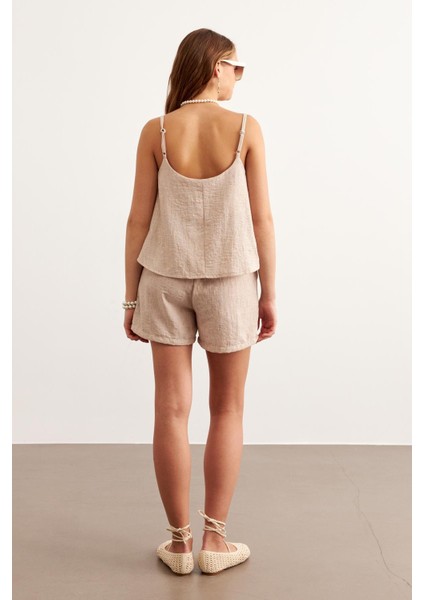 Askılı Keten Crop Bluz Taş indirimleri