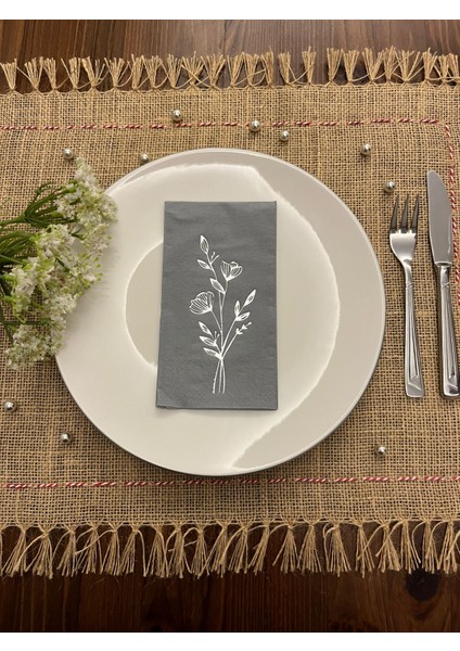 Gümüş Yaldızlı Gri Gelincik Çiçeği Baskılı Garson Katlama Peçete 16 Adet