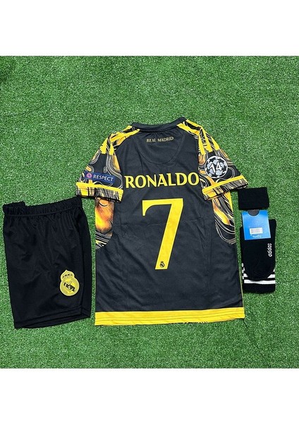 R.Madrid 2024/25 Sezonu Cristiano Ronaldo Konsept Çocuk Forması 3'Lü Set (Black-Yellow) modelleri