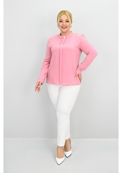 Kadın Büyük Beden Hakim Yaka Taş Broş Detaylı Bluz 0034-25