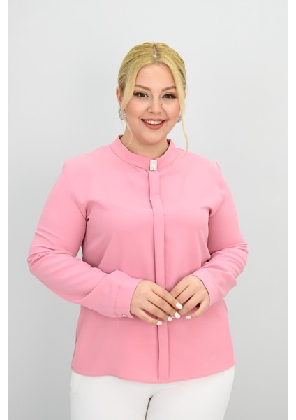 Kadın Büyük Beden Hakim Yaka Taş Broş Detaylı Bluz 0034-25 modelleri