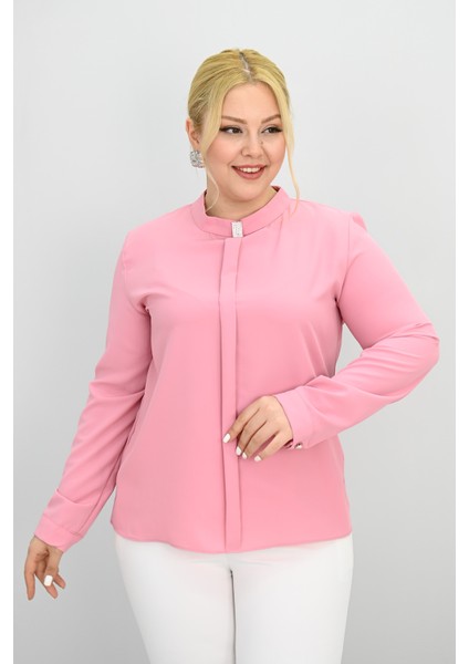 Kadın Büyük Beden Hakim Yaka Taş Broş Detaylı Bluz 0034-25 fırsatları