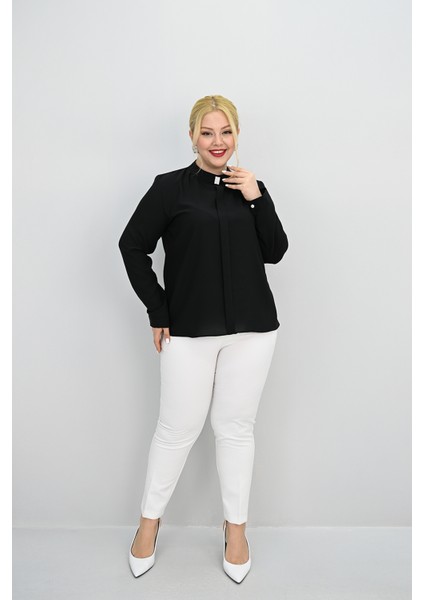 Kadın Büyük Beden Hakim Yaka Taş Broş Detaylı Bluz 0034-25
