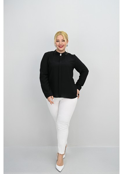 Kadın Büyük Beden Hakim Yaka Taş Broş Detaylı Bluz 0034-25 fiyatları