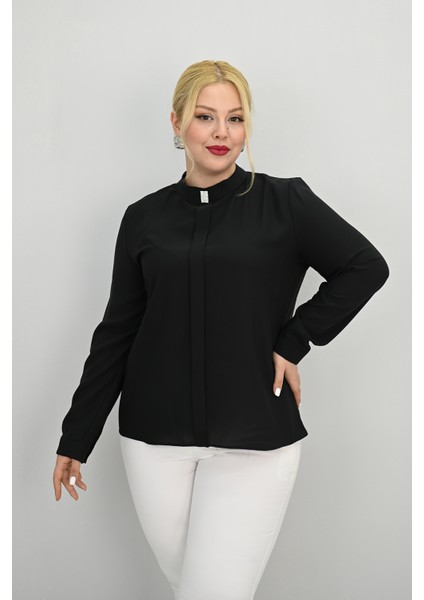 Kadın Büyük Beden Hakim Yaka Taş Broş Detaylı Bluz 0034-25 modelleri