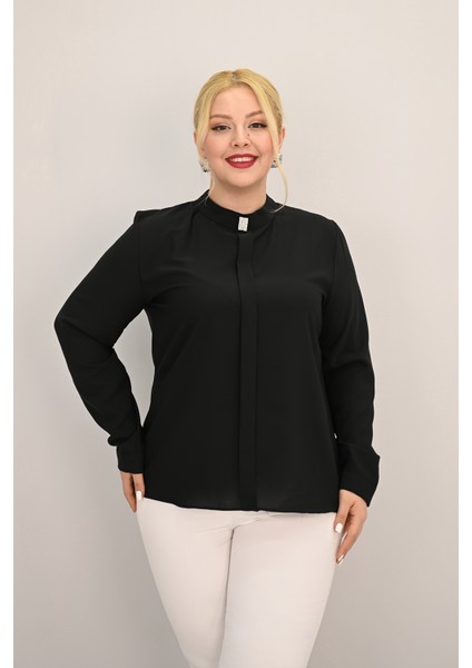 Kadın Büyük Beden Hakim Yaka Taş Broş Detaylı Bluz 0034-25 fırsatları