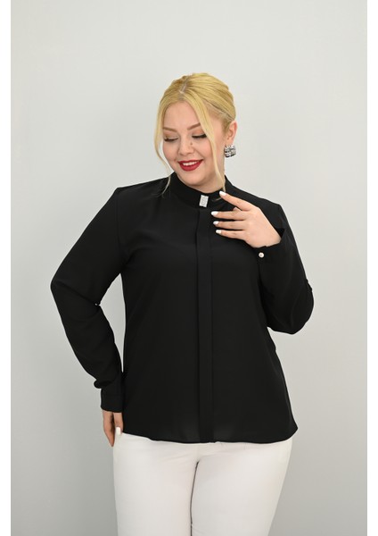 Kadın Büyük Beden Hakim Yaka Taş Broş Detaylı Bluz 0034-25 indirimleri