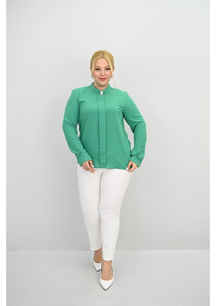 Kadın Büyük Beden Hakim Yaka Taş Broş Detaylı Bluz 0034-25