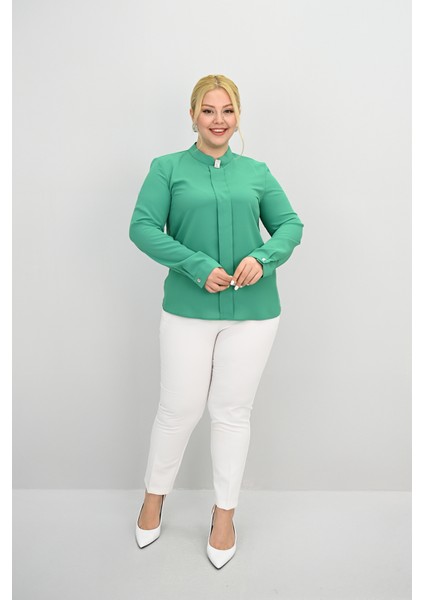 Kadın Büyük Beden Hakim Yaka Taş Broş Detaylı Bluz 0034-25 fiyatları