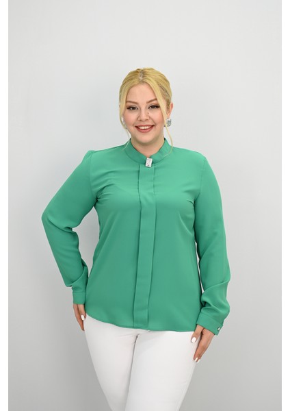 Kadın Büyük Beden Hakim Yaka Taş Broş Detaylı Bluz 0034-25 modelleri