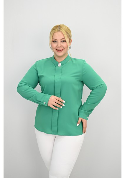 Kadın Büyük Beden Hakim Yaka Taş Broş Detaylı Bluz 0034-25 fırsatları