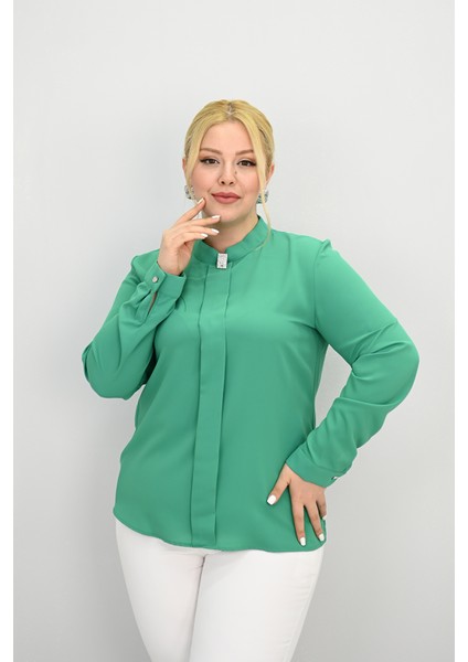 Kadın Büyük Beden Hakim Yaka Taş Broş Detaylı Bluz 0034-25 indirimleri